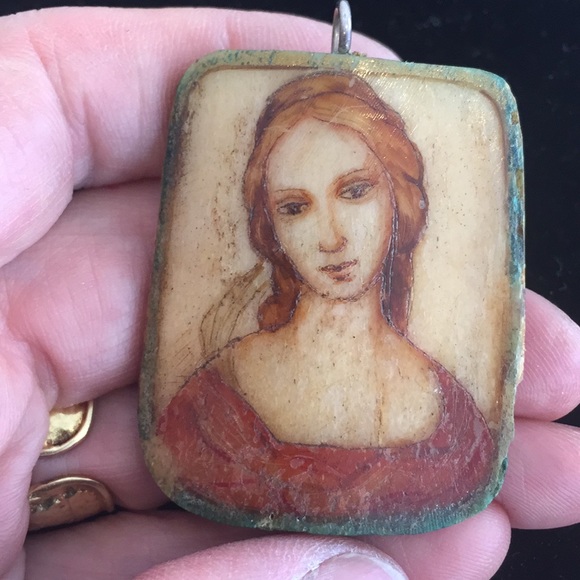 Vintage Jewelry - Antique miniature Oil Painting On bone Pendant